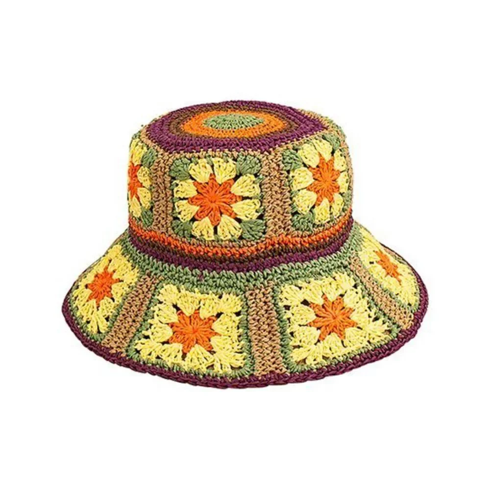 Peter Grimm Crochet Bucket Hat Granny Square Raffia UPF 50+ Packable Sun , New